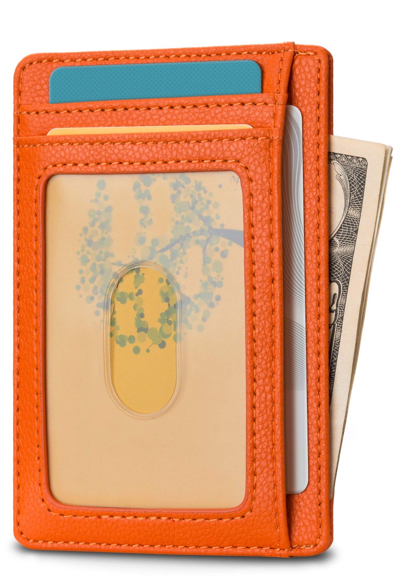 Buffway Slim Minimalist Front Pocket RFID Blocking Leather Wallets for Men and Women - Lichee Orange - Image 2